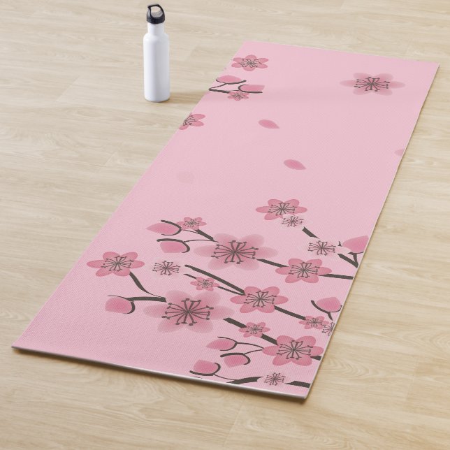 Pink Cherry Blossom Falling Petals Botanical Leaf Yoga Mat (In Situ)