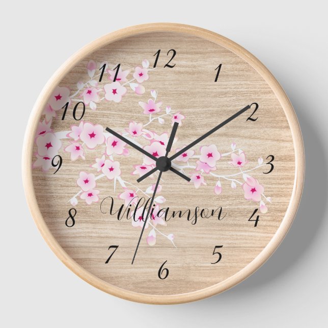 Pink Cherry Blossom Faux Wood Monogram Clock (Front)