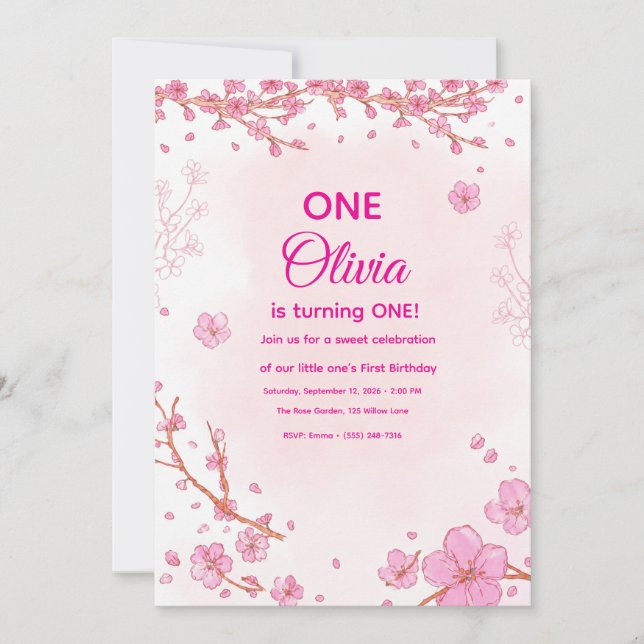 Pink Cherry Blossom First Birthday Invitation (Front)