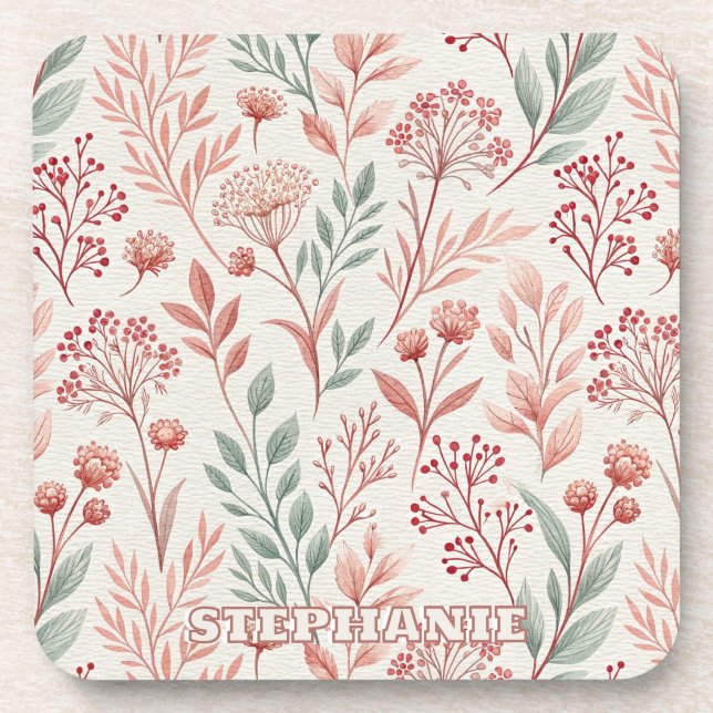 Pink Cherry Blossom, Floral and Leaves Pattern Coaster (Front)