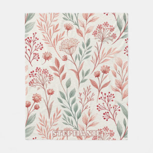 Pink Cherry Blossom, Floral and Leaves Pattern Fleece Blanket