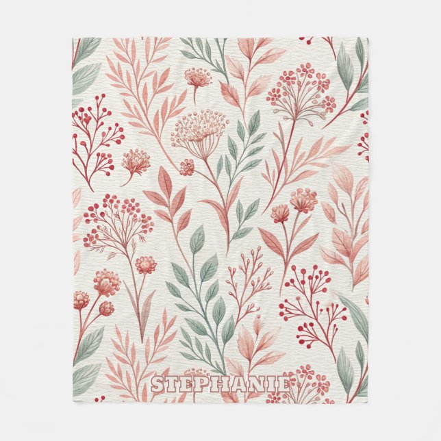 Pink Cherry Blossom, Floral and Leaves Pattern Fleece Blanket (Front)