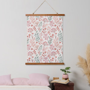 Pink Cherry Blossom, Floral and Leaves Pattern Hanging Tapestry