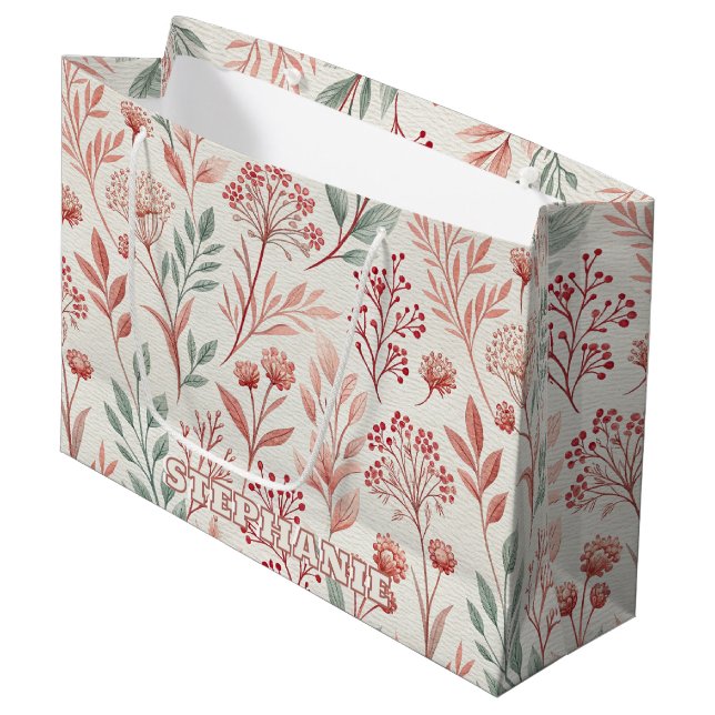 Pink Cherry Blossom, Floral and Leaves Pattern Large Gift Bag (Front Angled)