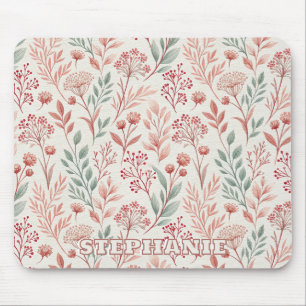 Pink Cherry Blossom, Floral and Leaves Pattern Mouse Pad