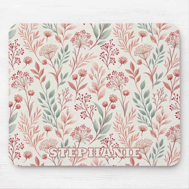 Pink Cherry Blossom, Floral and Leaves Pattern Mouse Pad (Front)