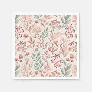 Pink Cherry Blossom, Floral and Leaves Pattern Napkin