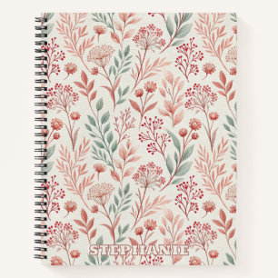 Pink Cherry Blossom, Floral and Leaves Pattern Notebook