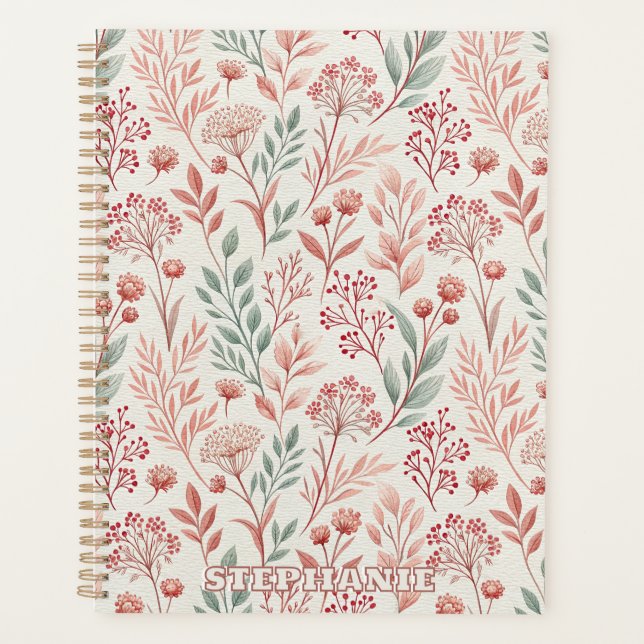 Pink Cherry Blossom, Floral and Leaves Pattern Planner (Front)