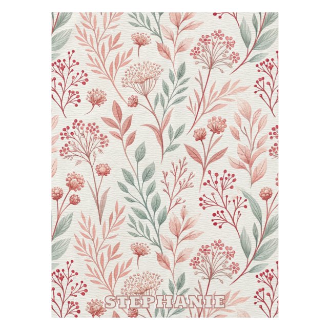 Pink Cherry Blossom, Floral and Leaves Pattern Tablecloth (Front)