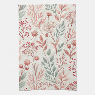 Pink Cherry Blossom, Floral and Leaves Pattern Tea Towel