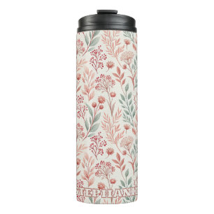 Pink Cherry Blossom, Floral and Leaves Pattern Thermal Tumbler