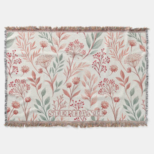 Pink Cherry Blossom, Floral and Leaves Pattern Throw Blanket