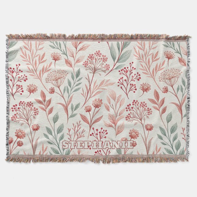 Pink Cherry Blossom, Floral and Leaves Pattern Throw Blanket (Front)