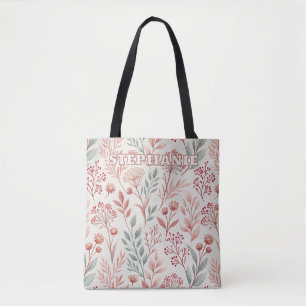 Pink Cherry Blossom, Floral and Leaves Pattern Tote Bag