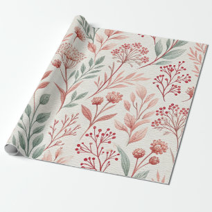 Pink Cherry Blossom, Floral and Leaves Pattern Wrapping Paper