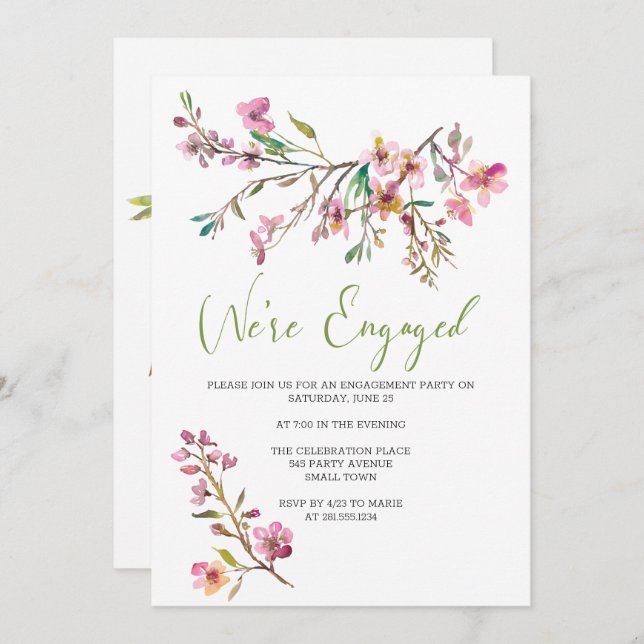 Pink Cherry Blossom Floral Engagement Party Invitation (Front/Back)