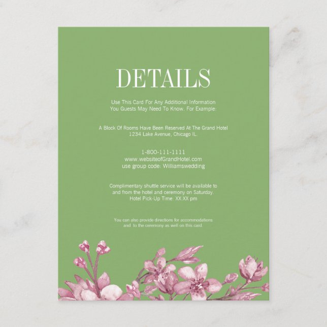 Pink Cherry Blossom Floral Green Details Enclosure Card (Front)