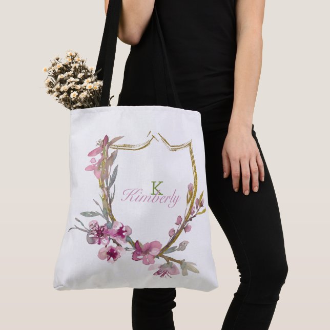 Pink Cherry Blossom Floral Initial Name Monogram Tote Bag (Close Up)