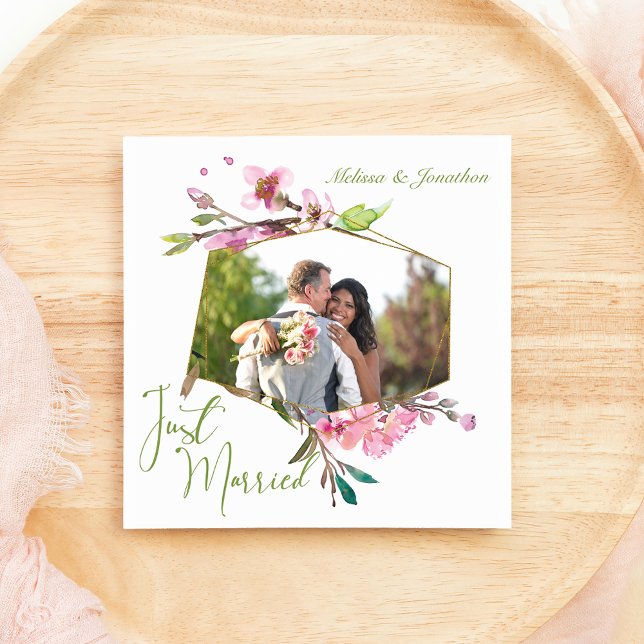 Pink Cherry Blossom Floral Just Married Holiday Card (Creator Uploaded)