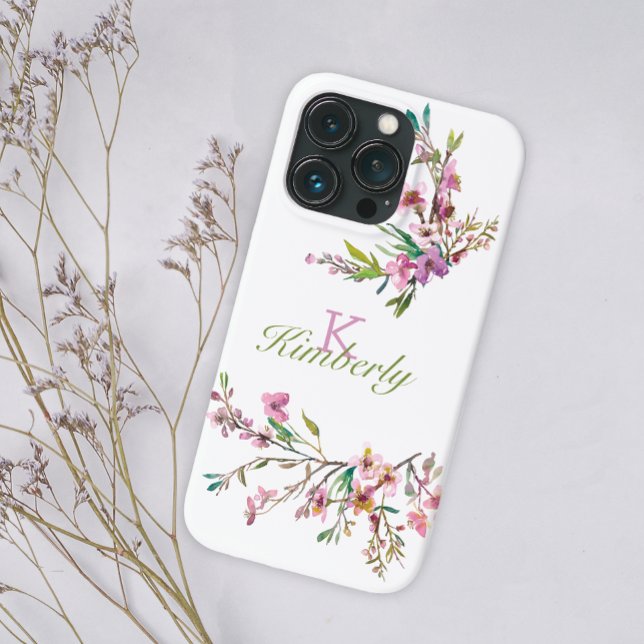 Pink Cherry Blossom Floral Monogram Name Case-Mate iPhone Case (Creator Uploaded)