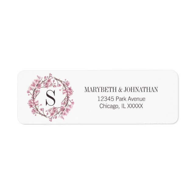 Pink Cherry Blossom Floral Monogram Wedding Return Address Label (Front)