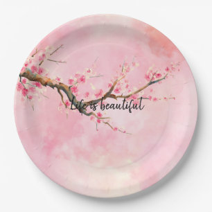 Pink Cherry Blossom Floral Paper Plate