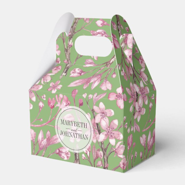 Pink Cherry Blossom Floral Printed Green Favour Bo Box (Front Side)