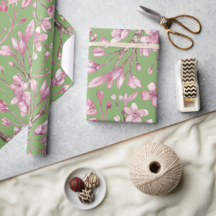 Pink Cherry Blossom Floral Printed Green Wrapping Paper