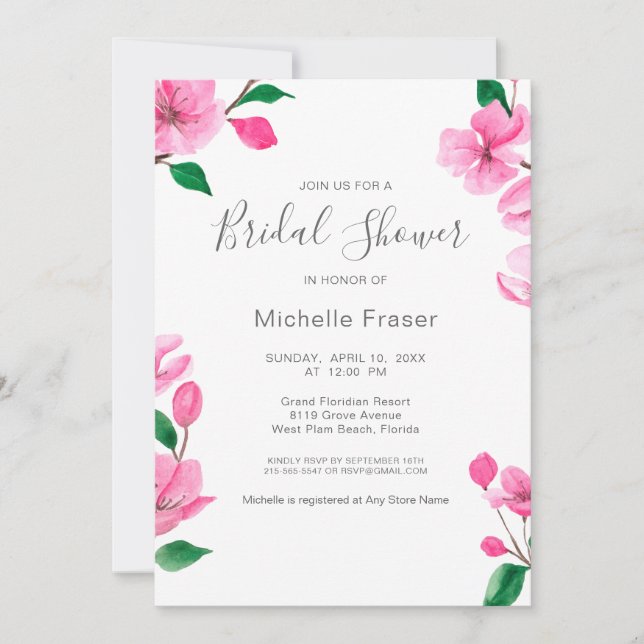 Pink Cherry Blossom. Floral Spring Bridal Shower Invitation (Front)