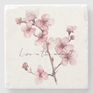 Pink Cherry Blossom Floral Stone Coaster