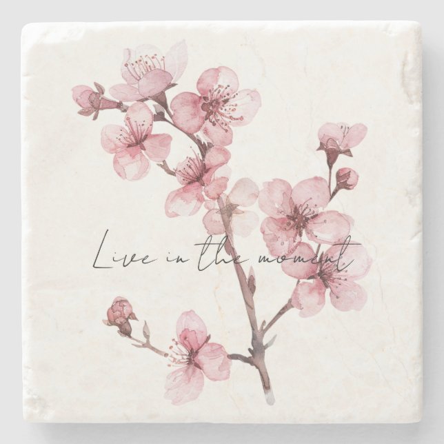 Pink Cherry Blossom Floral  Stone Coaster (Front)
