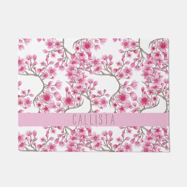 Pink Cherry Blossom Floral Watercolor Monogram Doormat (Front)