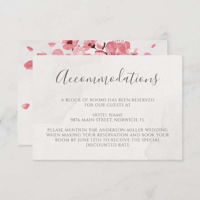 Pink Cherry Blossom Floral Wedding Accommodations Enclosure Card (Front/Back)
