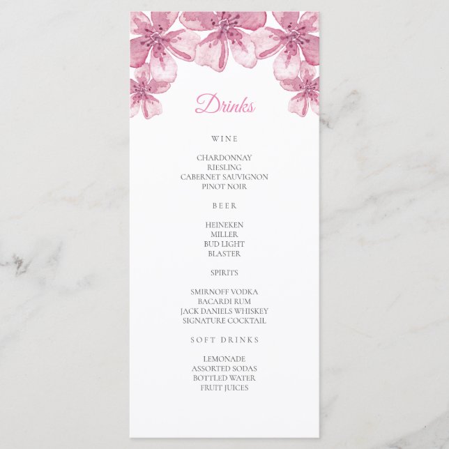 Pink cherry blossom. Floral wedding Bar Menu (Front)