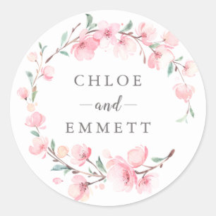 Pink Cherry Blossom Floral Wedding Favour Classic Round Sticker