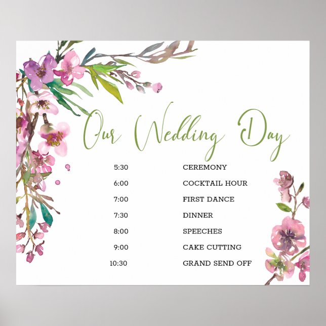 Pink Cherry Blossom Floral Wedding Schedule Sign (Front)