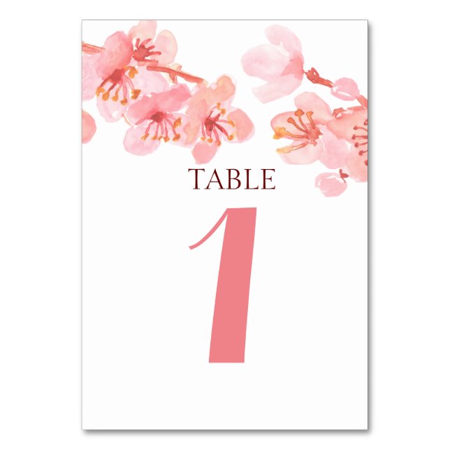 Pink cherry blossom floral wedding table number (Front)