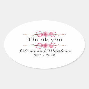 Pink cherry blossom. Floral wedding Thank You Oval Sticker