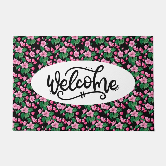 Pink Cherry Blossom Floral Welcome Doormat (Front)