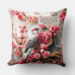 Pink Cherry Blossom Floral With Bird & Bible Verse Cushion