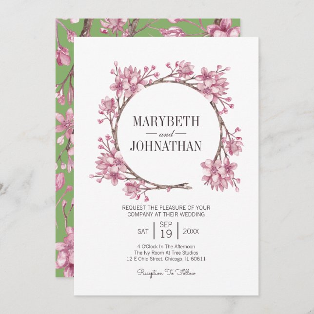 Pink Cherry Blossom Floral Wreath Wedding Invitation (Front/Back)