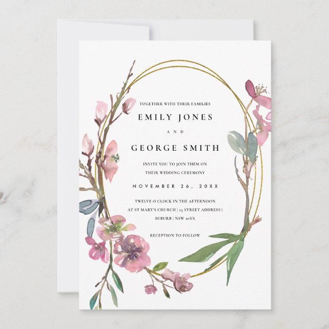 PINK CHERRY BLOSSOM FLORAL WREATH WEDDING INVITE (Front)
