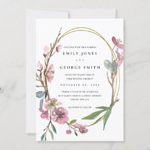 PINK CHERRY BLOSSOM FLORAL WREATH WEDDING INVITE