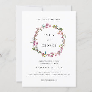 PINK CHERRY BLOSSOM FLORAL WREATH WEDDING INVITE