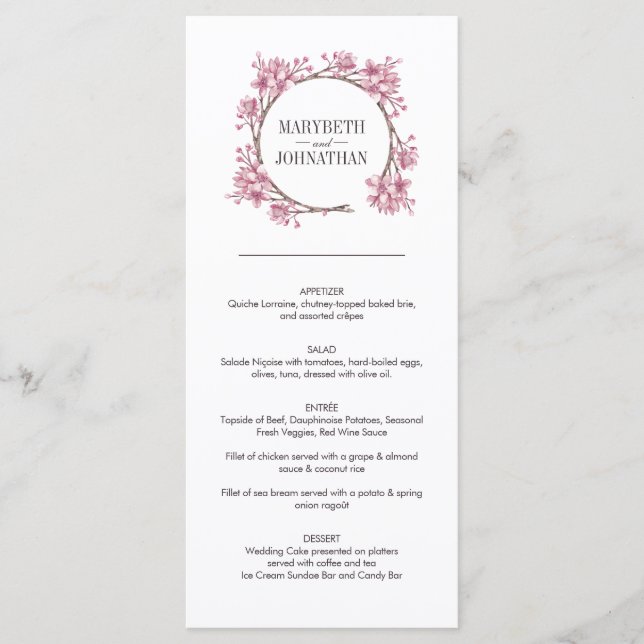 Pink Cherry Blossom Floral Wreath Wedding Menu (Front)