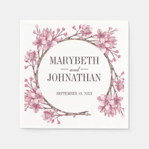 Pink Cherry Blossom Floral Wreath Wedding Napkin