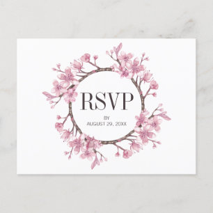 Pink Cherry Blossom Floral Wreath Wedding RSVP Invitation Postcard