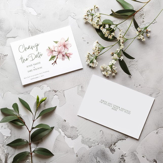Pink cherry blossom flower change the date save the date (Romantic “Save the Date” card with soft pink floral blossoms watercolor illustration.)