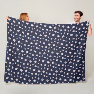 Pink Cherry Blossom Flower Pattern on Dark Blue Fleece Blanket